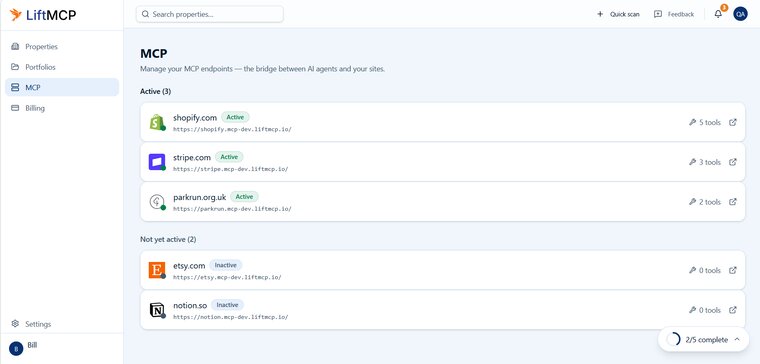 MCP endpoints with active tools